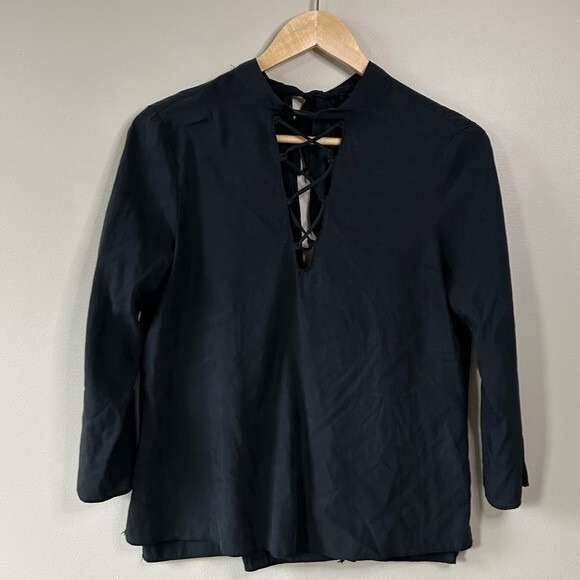 Zara Black Lace Up Front Open Back Long Sleeve Blouse Size Small - Picture 1 of 5